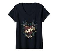 Mujer Mamá Corazón Golondrina Pájaro Tradicional Flash Camiseta Cuello V
