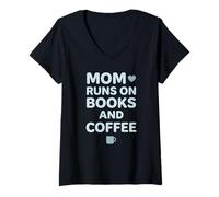 Mujer Mamá Corre en Libros y café Leyendo Entusiasta de la cafeína Camiseta Cuello V