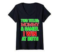 Mujer Mamá & Gamer I Win at Both Cute Mother Christmas Gaming Mom Camiseta Cuello V