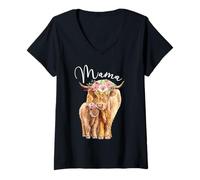Mujer Mama Highland Cow with Baby Calf Floral Día de la Madre Mamá Camiseta Cuello V