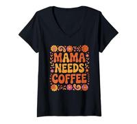 Mujer Mama Needs Coffee - Cita Floral Retro Divertida Camiseta Cuello V
