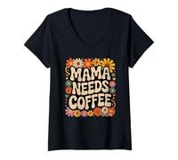 Mujer Mama Needs Coffee Retro Groovy Daisy Floral Camiseta Cuello V
