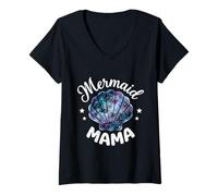 Mujer Mama of The Birthday con Forma de Concha de Sirena y Flores Rosas a Juego Camiseta Cuello V