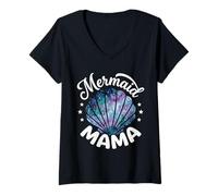 Mujer Mama of The Birthday con Forma de Concha de Sirena y Flores Rosas a Juego Camiseta Cuello V