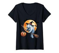 Mujer Manatee Witch Broom Ride with Pumpkin Moon Sea Animal Camiseta Cuello V