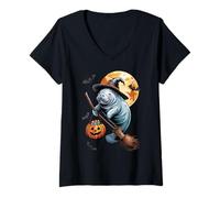 Mujer Manatee Witch Broom Ride with Pumpkin Moon Sea Animal Camiseta Cuello V