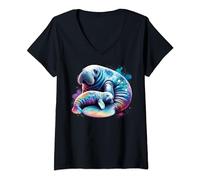 Mujer Manatí Bebé Y Mamá Acuarela Sirenia Amante Manati Camiseta Cuello V