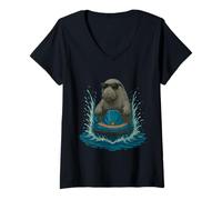 Mujer Manatí con gafas de sol Dugong Jet Ski Rider Summer Vibes Camiseta Cuello V