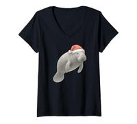 Mujer Manatí de Navidad con un Sombrero de Papá Noel Camiseta Cuello V