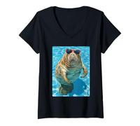 Mujer Manatí Divertido con Gafas de Sol Cool Summer Animal Natación Camiseta Cuello V