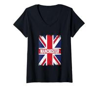 Mujer Manchester - Bandera británica Vintage Camiseta Cuello V