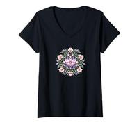 Mujer Mandala Floral Acuarela Boho Flor Simetría Camiseta Cuello V