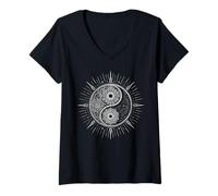Mujer Mandala Floral Yin Yang Sun Minimal Tai Chi Meditación Camiseta Cuello V