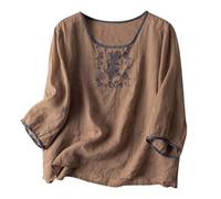 Mujer Manga 3/4 Boho Gasa Camisa Túnica Boho Bauer Bordada Flores Blusas 2025 India Volantes Tops para Mujeres Mayores Corte Holgado Manga Corta Lino Verano Retro Casual Encaje Moda Caqui, M, caqui, M