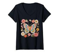 Mujer Manía Retro con Estampado Floral de Mariposas Estilo Ganchillo Camiseta Cuello V