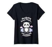 Mujer Manifestando Paz Interior Mientras grita Panda Divertido Camiseta Cuello V