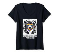 Mujer Manifestante pacífico no remunerado con Gato Orgullo Arco Iris LGBTQ Camiseta Cuello V