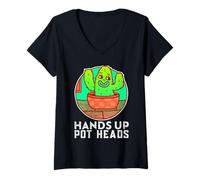 Mujer Manos Arriba Pot Heads Cactus Jardinería Planta Amante Camiseta Cuello V