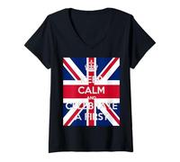 Mujer Mantén la calma y celebra un primer mensaje de texto sobre la Union Jack Camiseta Cuello V