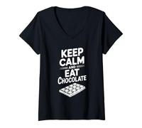 Mujer Mantén la Calma y Come Chocolate, Divertido Amante de la Comida Camiseta Cuello V