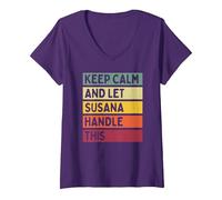 Mujer Mantén la Calma y Deja Que Susana se encargue de Esta Divertida Cita Retro Camiseta Cuello V, Morado, S