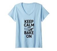 Mujer Mantén la Calma y hornea con un Divertido Amante de la repostería Camiseta Cuello V