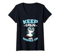 Mujer Mantén la Calma y Ponte Unas Bonitas Gafas de Sol con Forma de pingüino Camiseta Cuello V