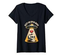 Mujer Mantén una mente abierta UFO Skull Love Beam Camiseta Cuello V