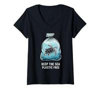 Mujer Mantenga El Mar Sin Plástico Tortuga Día De La Tierra Camiseta Cuello V
