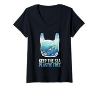 Mujer Mantenga El Mar Sin Plástico Tortuga Día De La Tierra Camiseta Cuello V