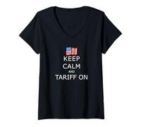 Mujer Mantenga la calma y aranceles sobre el proteccionismo comercial de la economía estadounidense Camiseta Cuello V
