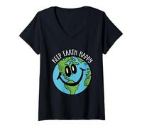 Mujer Mantenga la Tierra Feliz - Salvar el Planeta, Paz Mundial, Medio Ambiente Camiseta Cuello V