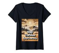Mujer Mantente Curioso, Sigue aprendiendo Camiseta Cuello V