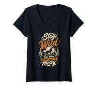 Mujer Mantente Salvaje Lobo Aventura Outdoor Naturaleza Camiseta Cuello V