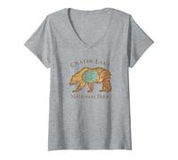 Mujer Mapa aéreo vintage del oso grizzly del parque nacional del lago del cr Camiseta Cuello V