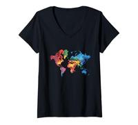 Mujer Mapa Colorido Tierra Países Continente Geografía Mapamundi Camiseta Cuello V
