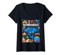 Mujer Mapa de la Bandera de I Love Honduras Camiseta Cuello V