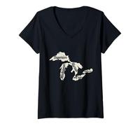 Mujer Mapa de los Grandes Lagos de Michigan Orgullo Camiseta Cuello V