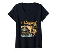 Mujer Mapa de Maryland Faro de la bahía de Chesapeake con Oriole de Cangrejo Azul Camiseta Cuello V