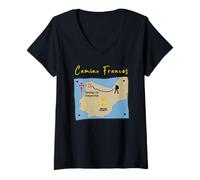Mujer Mapa del Camino Francés 2026 Santiago de Compostela Peregrino Camiseta Cuello V