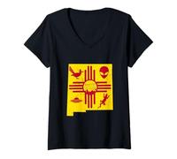 Mujer Mapa del Estado de Nuevo México con símbolo de Zia e Iconos Famosos Camiseta Cuello V