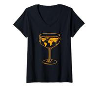 Mujer Mapa del mundo en arte de copas de vino, amor viajando Camiseta Cuello V