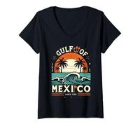 Mujer Mapa retro costero vintage del Golfo de México y vida marina Camiseta Cuello V