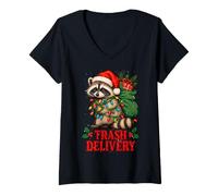 Mujer Mapache Navideño con Broma de Reparto Camiseta Cuello V