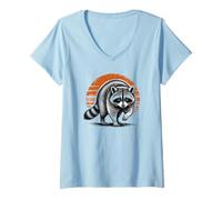 Mujer Mapache Salvaje al acecho Animal intrépido Atardecer Retro Camiseta Cuello V