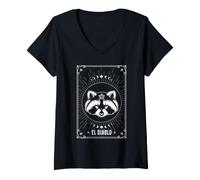 Mujer Mapache Tarot Card El Diablo Basura Oculta Panda Arte Camiseta Cuello V