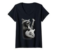 Mujer Mapache tocando regalos de rock and roll de guitarra para Camiseta Cuello V