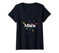 Mujer MARA - Hermoso nombre de niña con mariposas coloridas Camiseta Cuello V