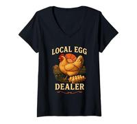 Mujer Marcador de huevos locales Granja Vintage Huevos frescos Retro Gallina Granjero Camiseta Cuello V