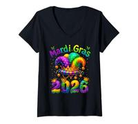 Mujer Mardi Gras 2026 Bufón Feliz Carnaval Mardi Gras Hombres Mujeres Camiseta Cuello V